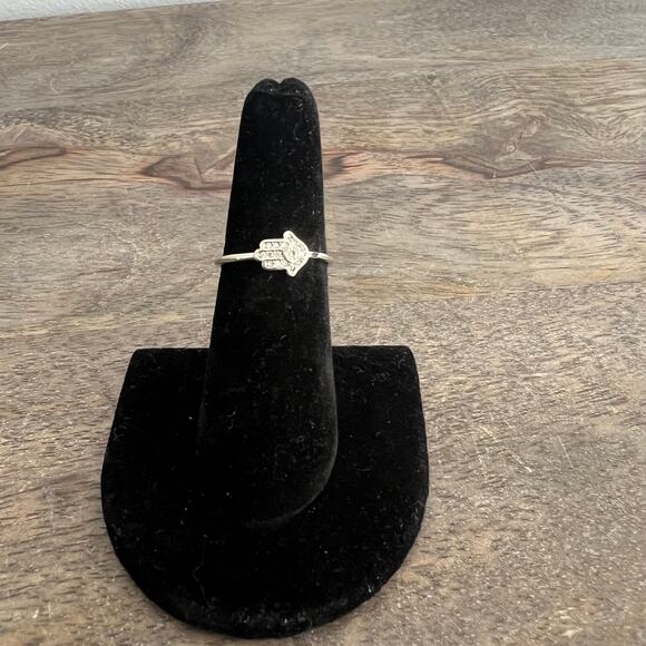 Rhinestone studded silver tone Hamsa hand ring - size 7 - Picture 2 of 5